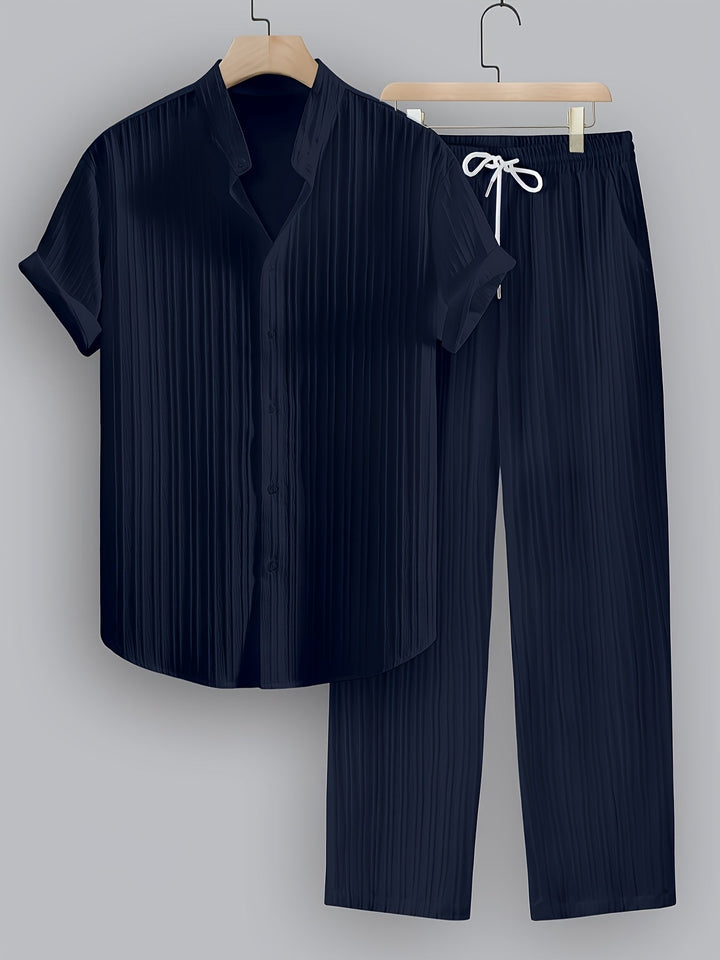 Comfortable men's summer fashion set. Coordinated shirt & drawstring pants, great for beach or casual wear.