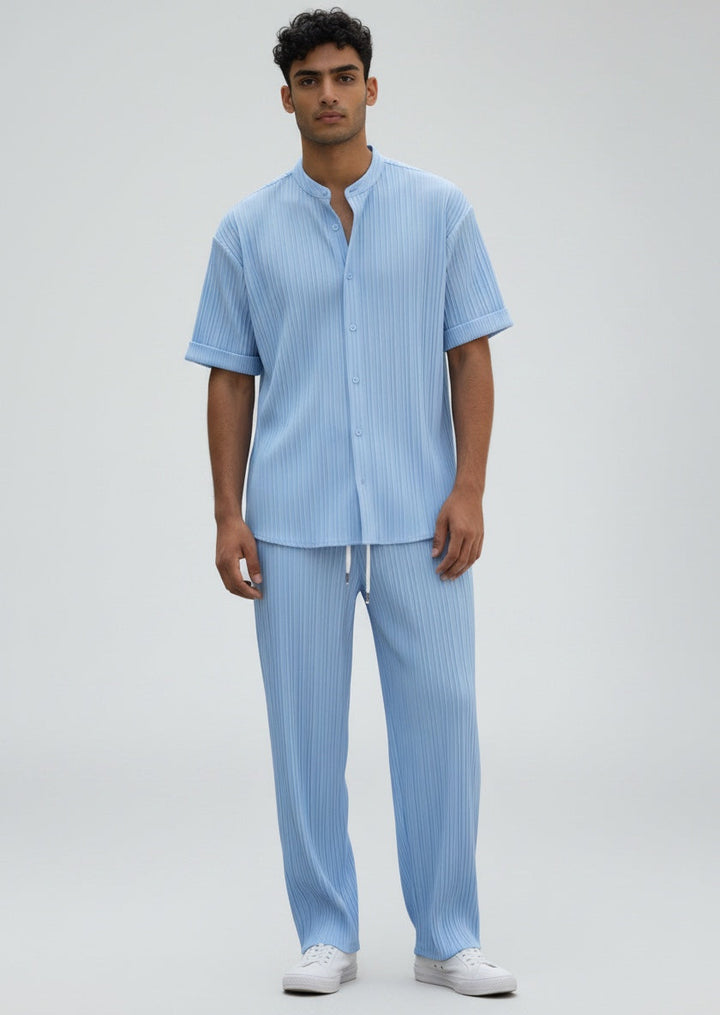 Lightweight men's summer 2-piece set. Casual shirt and matching drawstring pants. Perfect for sunny days.