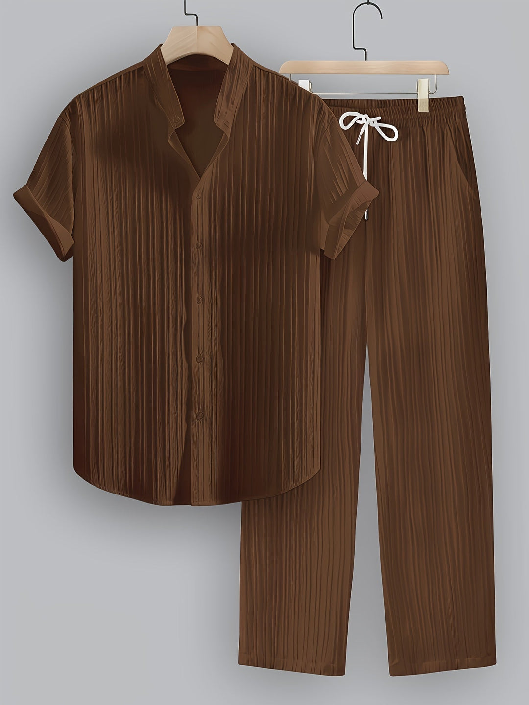 Breathable men's resort wear set. Summer 2-piece outfit with a casual shirt & drawstring pants.