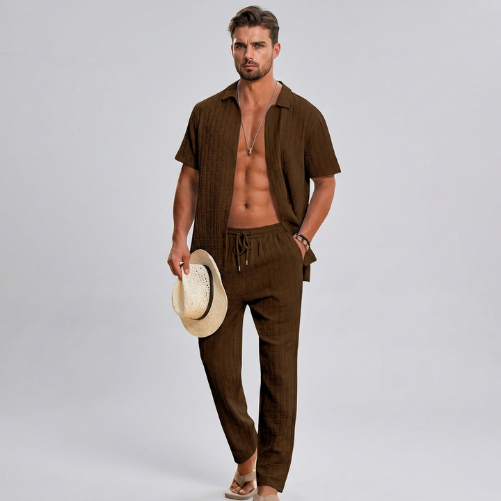 Men's summer co-ord set with a textured shirt & relaxed trousers, perfect for beach or holiday.