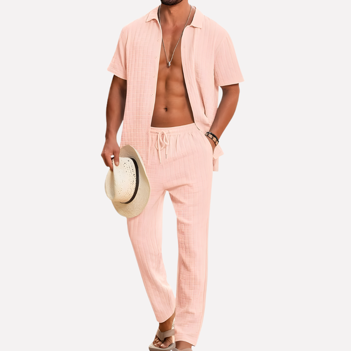 Trendy men's summer co-ord set featuring a textured shirt & relaxed trousers for modern style.