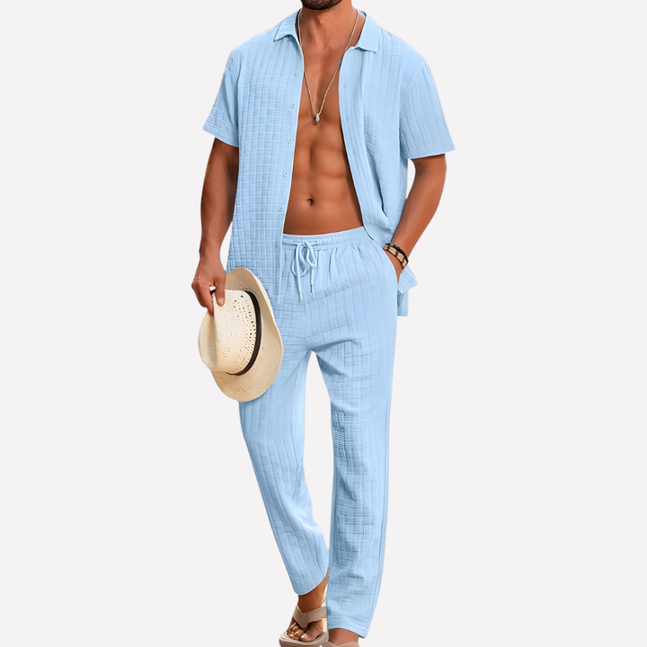 Stylish men's textured summer shirt and relaxed trousers co-ord set for ultimate comfort & fashion.