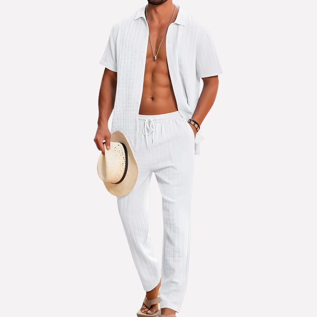 Men's summer fashion: textured shirt & relaxed trousers co-ord for a comfortable, stylish two-piece.