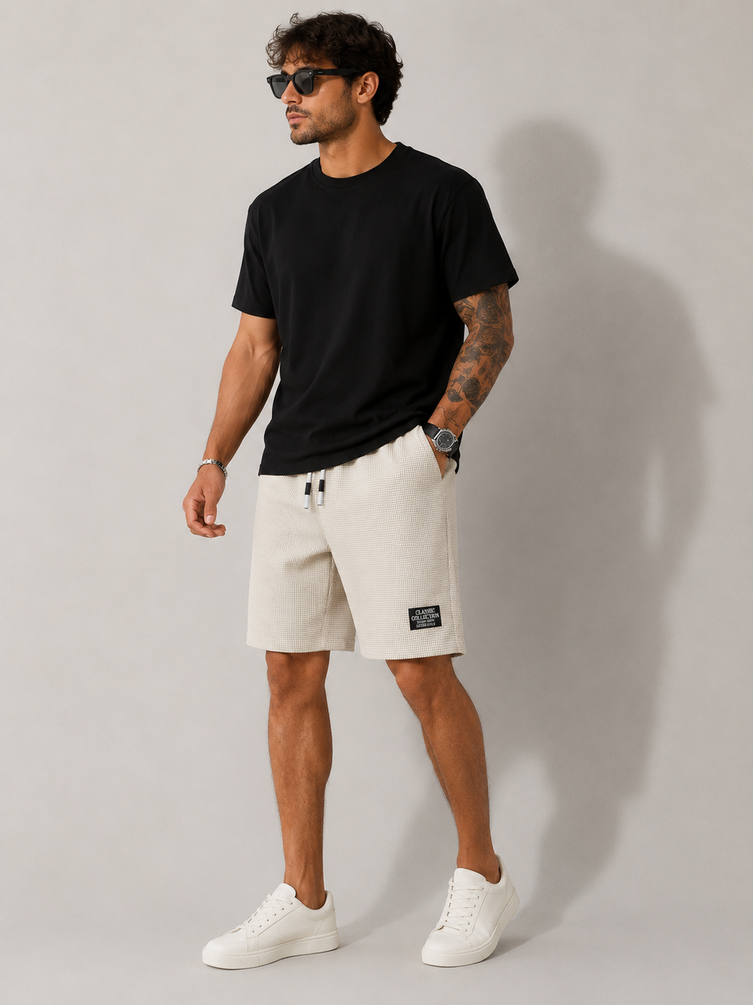 Men's summer drawstring textured shorts in breathable fabric. Perfect for casual everyday wear & beach.