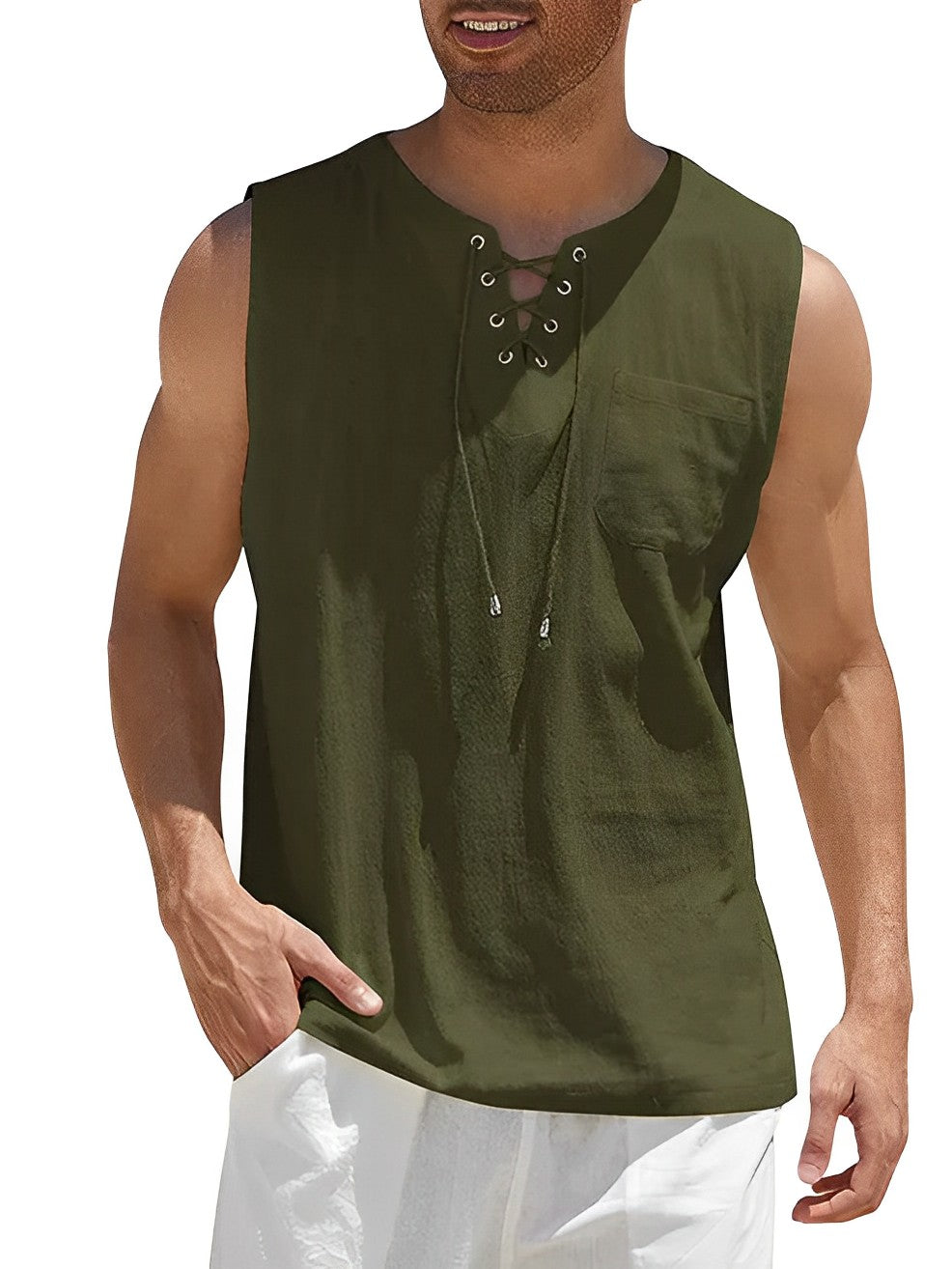 Men's summer lightweight casual tank top, V-neck, loose fit. Ideal for warm weather & comfort.