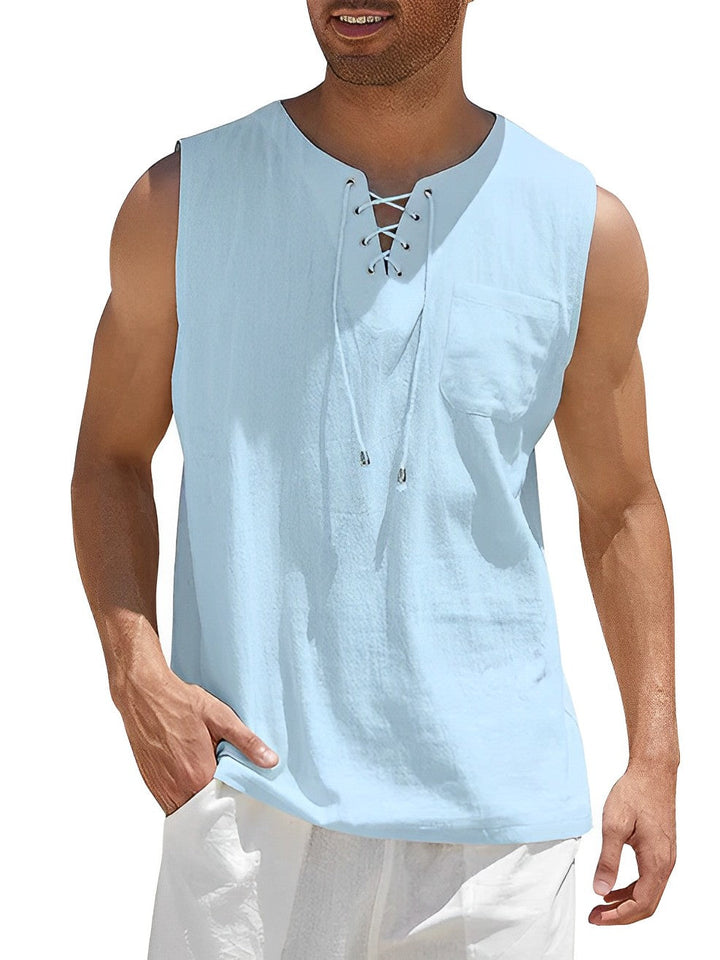 Stylish men's loose-fit V-neck tank top, sleeveless, perfect for summer casual outings & travel.