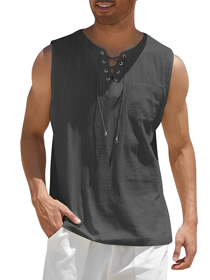 Man wearing a breathable lightweight V-neck tank top, ideal for summer beach, pool, or casual activities.