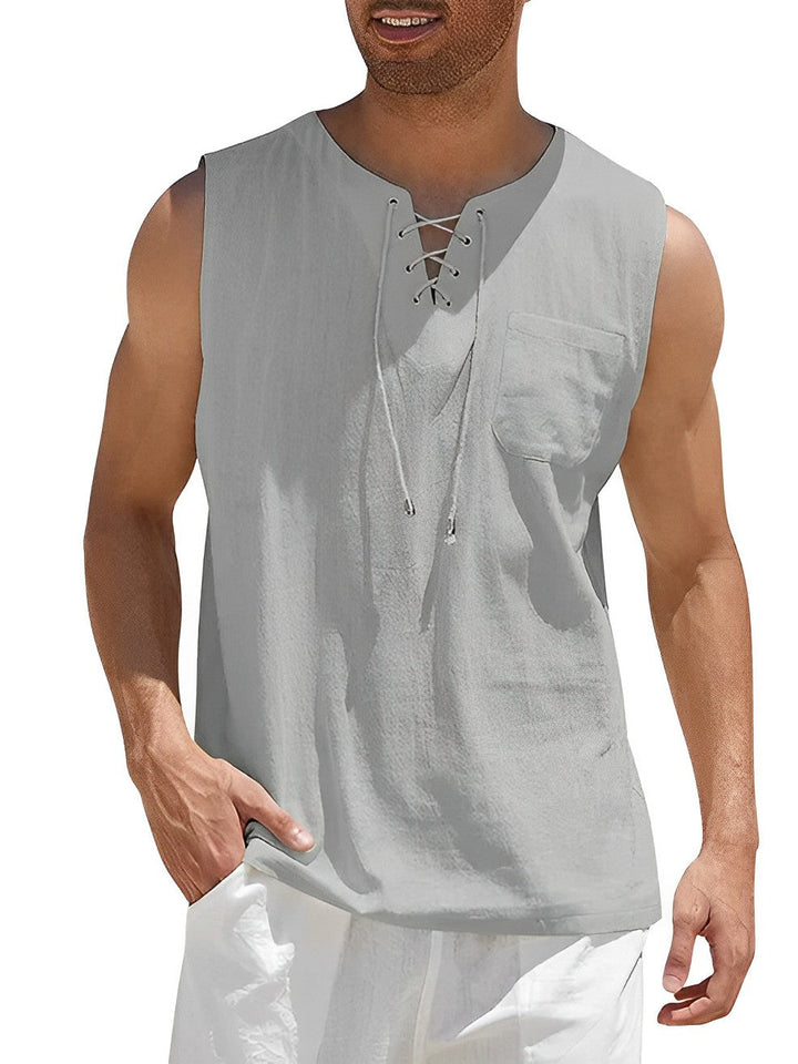 Breathable men's summer sleeveless top, V-neck, great for warm weather, comfort & everyday wear.