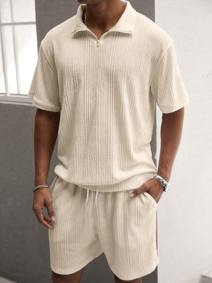 Men's casual summer outfit set with short sleeve shirt & shorts for beach, travel, or lounge.