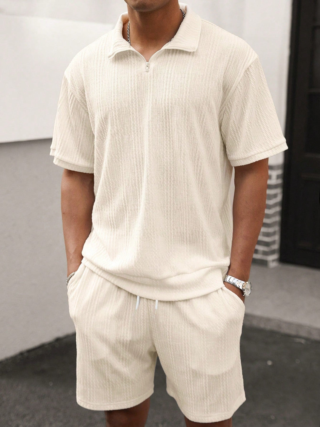 Trendy men's fashion set: short sleeve shirt & shorts. Effortless coordinated casual wear.