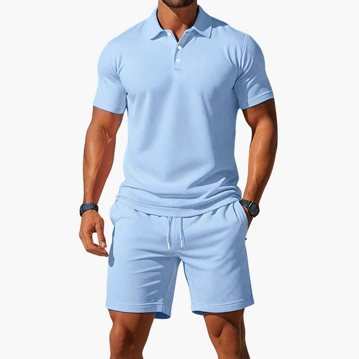 Men's summer polo and shorts set. Coordinated casual two-piece outfit for warm weather style.