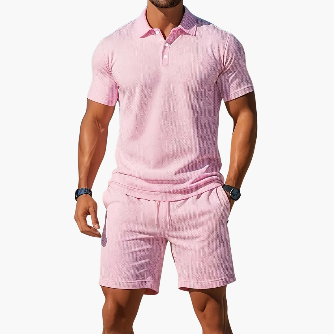 Men's coordinated summer polo and shorts set. Perfect for beach vacations, resorts, and casual outings.