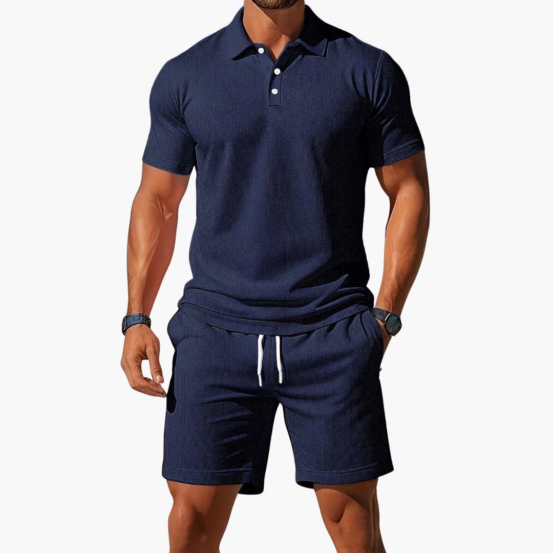 Light blue men's coordinated polo shirt and drawstring shorts set. Perfect summer casual wear.