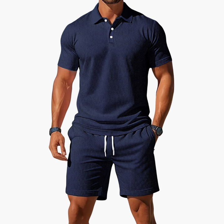 Light blue men's coordinated polo shirt and drawstring shorts set. Perfect summer casual wear.
