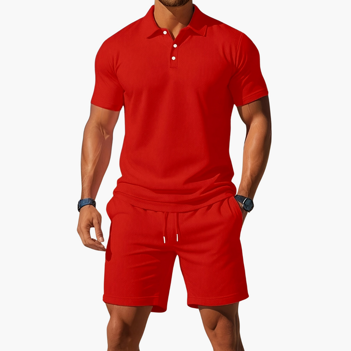 Sleek black men's summer polo and drawstring shorts set. Versatile two-piece casual wear.