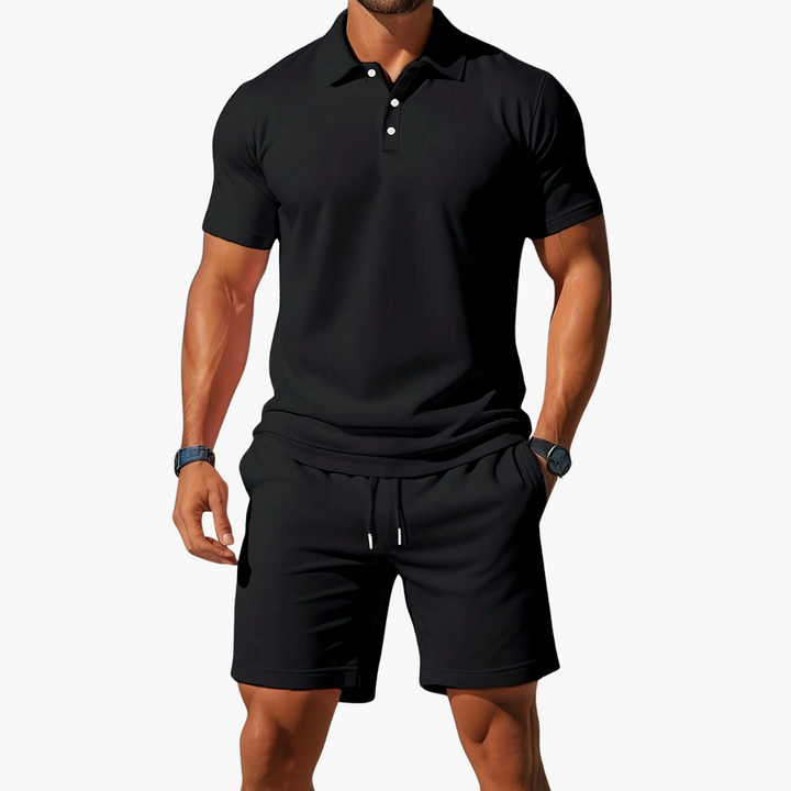 Khaki men's polo and shorts two-piece set. Relaxed summer style for casual and vacation outfits.