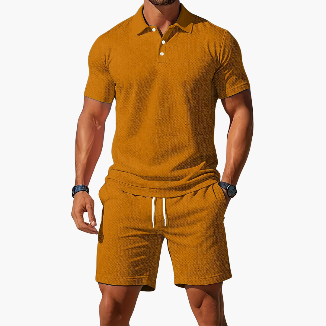 Men's button-down polo and drawstring shorts set. Coordinated two-piece summer casual outfit.