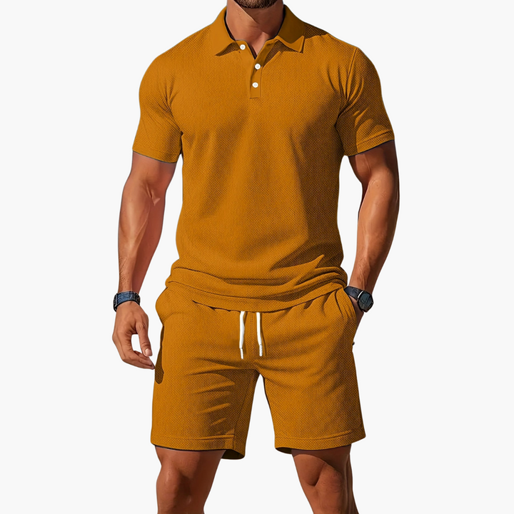Men's button-down polo and drawstring shorts set. Coordinated two-piece summer casual outfit.