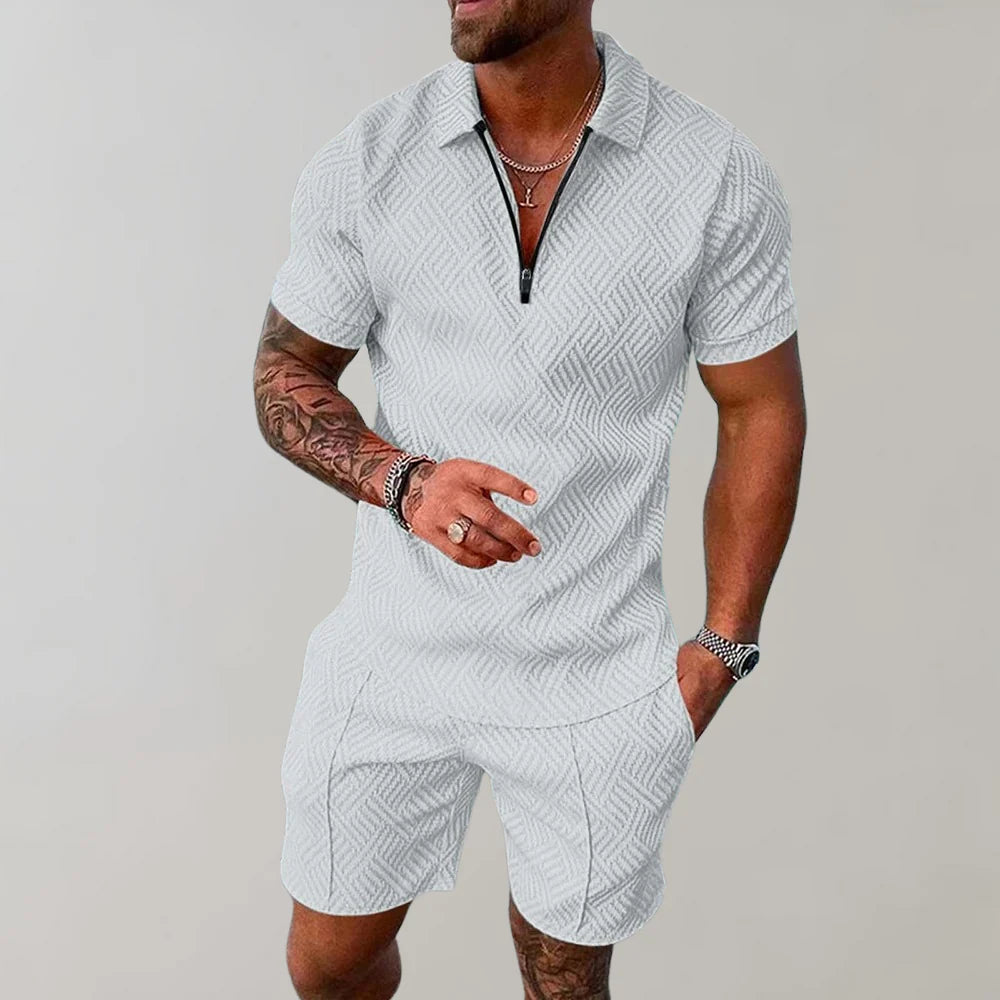 Breathable men's cotton linen two-piece set, ideal for summer, beach, or travel.