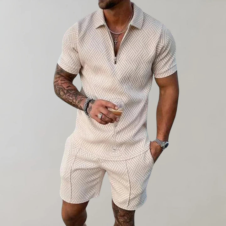 Men's relaxed fit two-piece shorts set, breathable cotton linen, great for warm weather.
