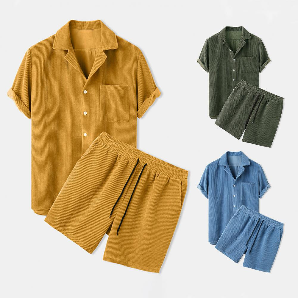 Casual men's summer fashion: cotton linen shorts & shirt set, perfect for beachwear.