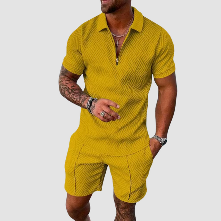 Lightweight men's two-piece set, breathable cotton linen, comfortable for summer travel.