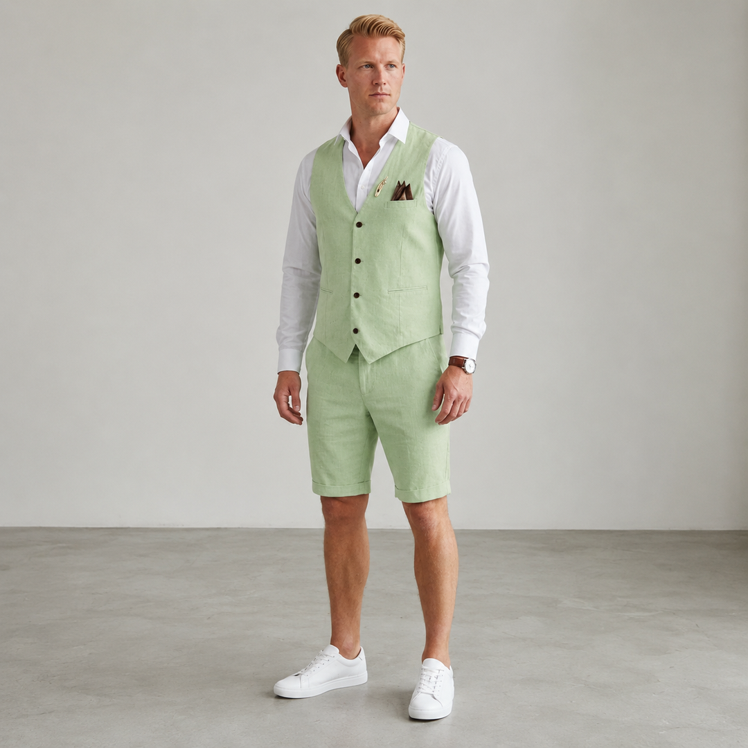 Men's summer vest & shorts set in a relaxed, stylish fit, perfect for casual chic or holiday wear.