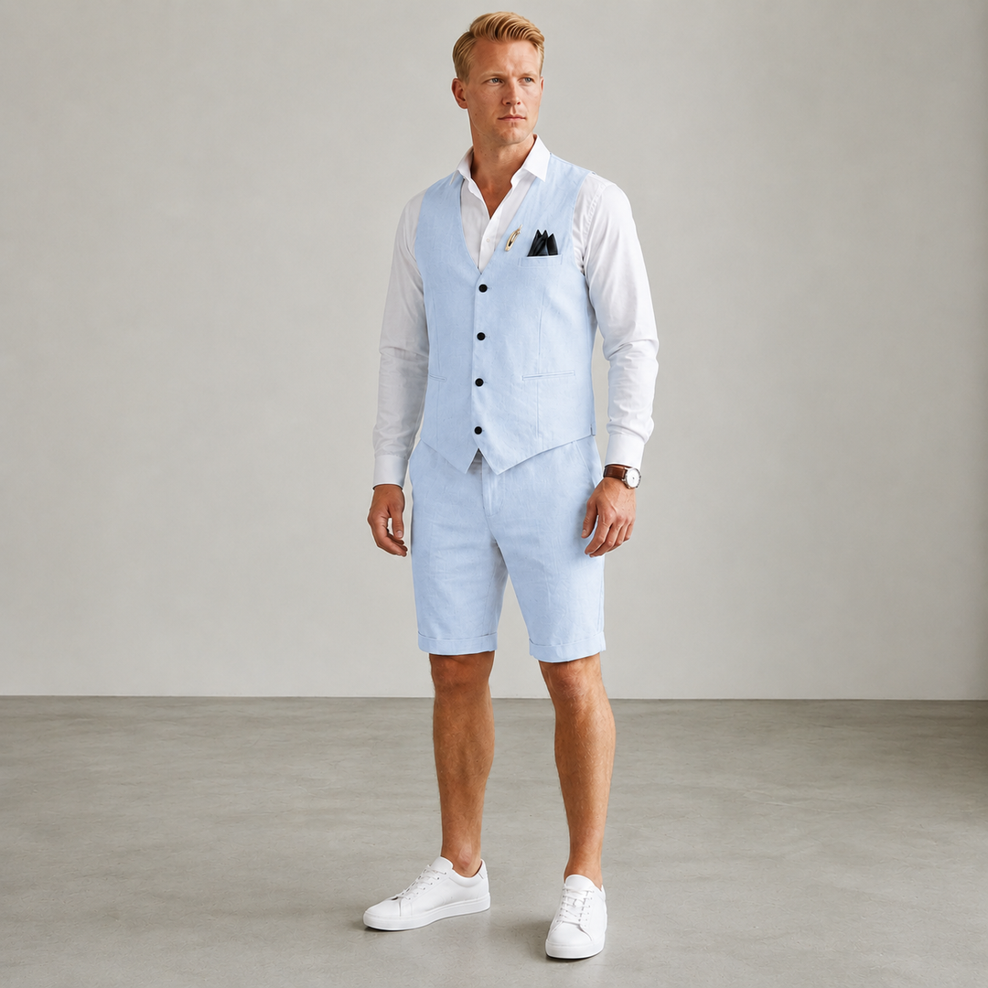 Breathable men's two-piece vest and shorts set, ideal for warm weather, beach, or smart casual summer outfits.