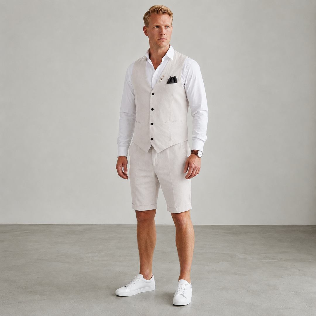 Stylish men's summer vest and matching shorts, a chic two-piece outfit for relaxed days, travel, or beach fashion.
