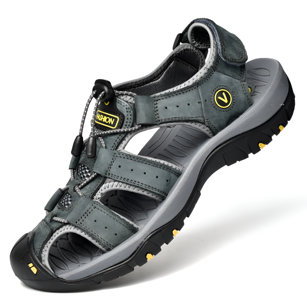 Casual mixed color men's walking sandals with orthopedic foot support and adjustable fit.