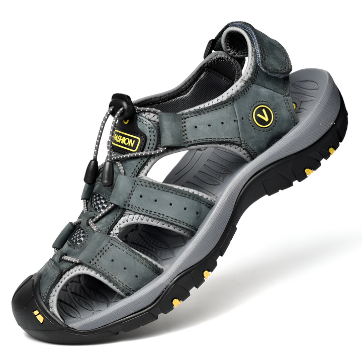 Casual mixed color men's walking sandals with orthopedic foot support and adjustable fit.