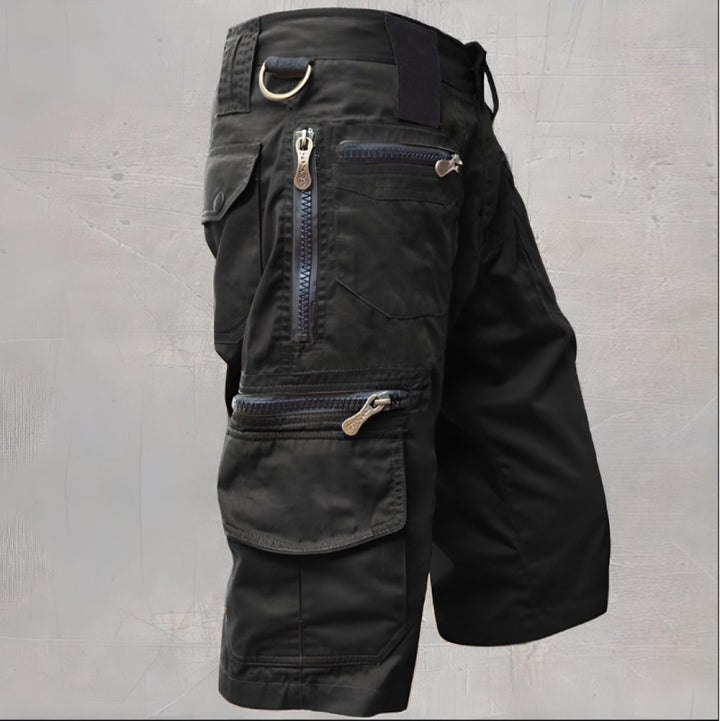 Durable men's cargo shorts with multi-pocket design. Tactical outdoor wear for active men and adventure.