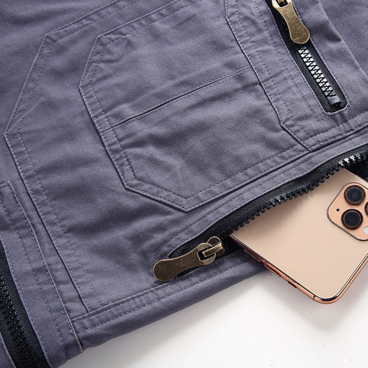 Grey men's durable cargo shorts. Multi-pocket tactical design, ideal for outdoor exploration & casual comfort.