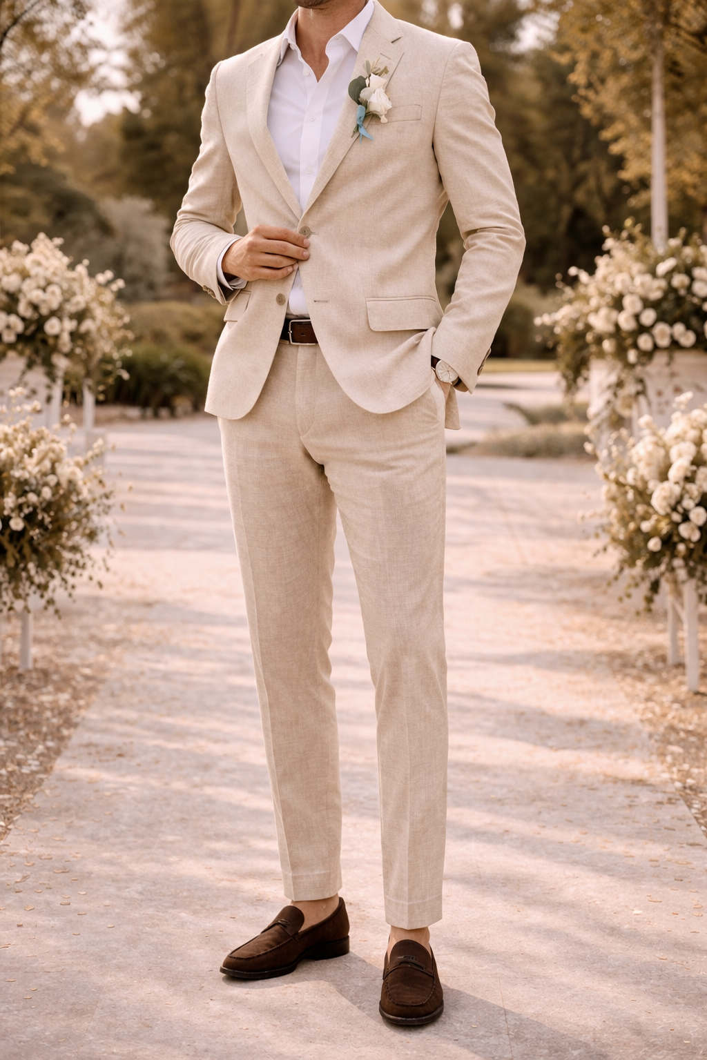 Men's tailored beige suit, modern fit, perfect for weddings, formal events, and special occasions. Two-piece sophisticated formalwear.