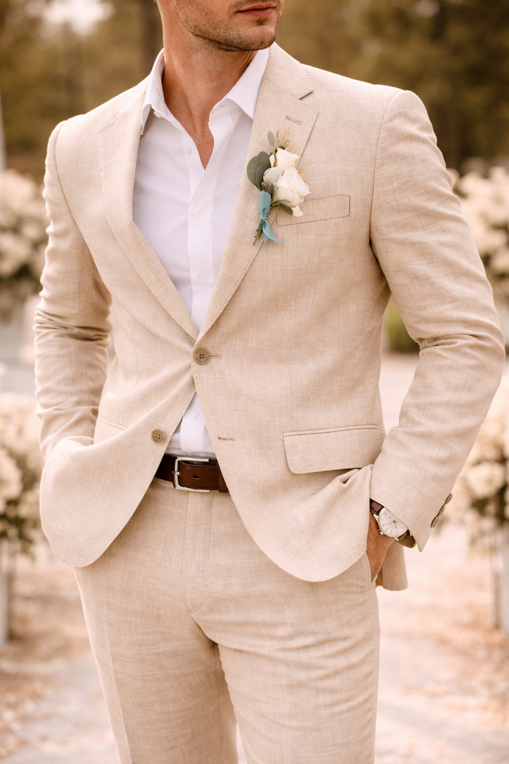 Sophisticated men's tailored beige suit, modern fit, suitable for weddings, proms, and any formal special occasion.