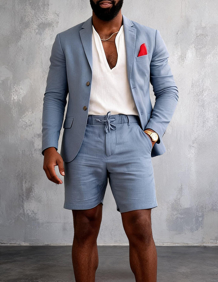 Men's tailored blazer and drawstring shorts two-piece set, perfect for stylish summer smart casual outfits.