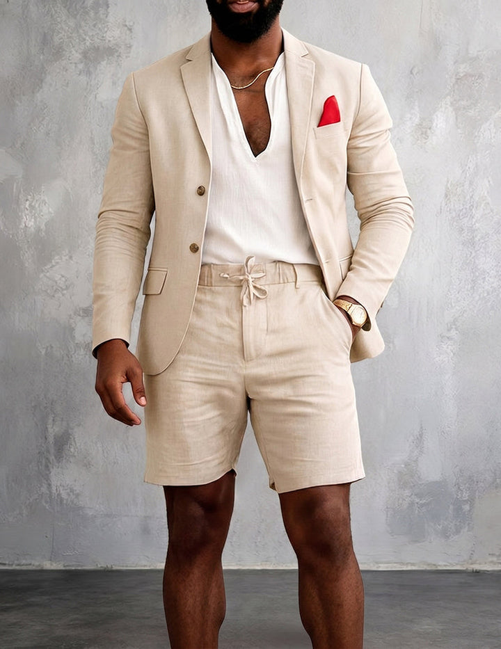 Stylish men's tailored blazer, part of a coordinated shorts set, ideal for smart casual summer fashion.