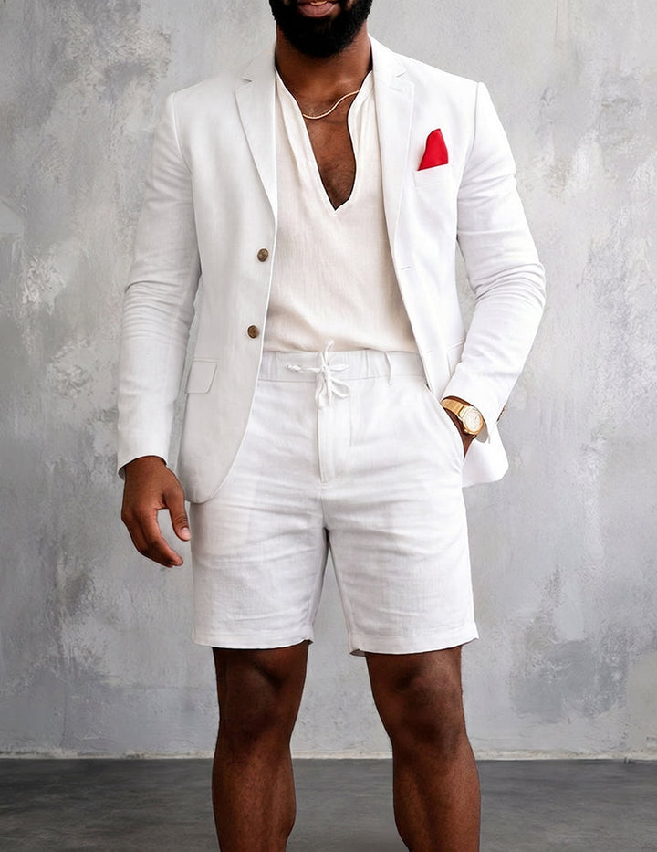 Comfortable drawstring shorts for men, paired with a tailored blazer in a versatile summer resort wear set.