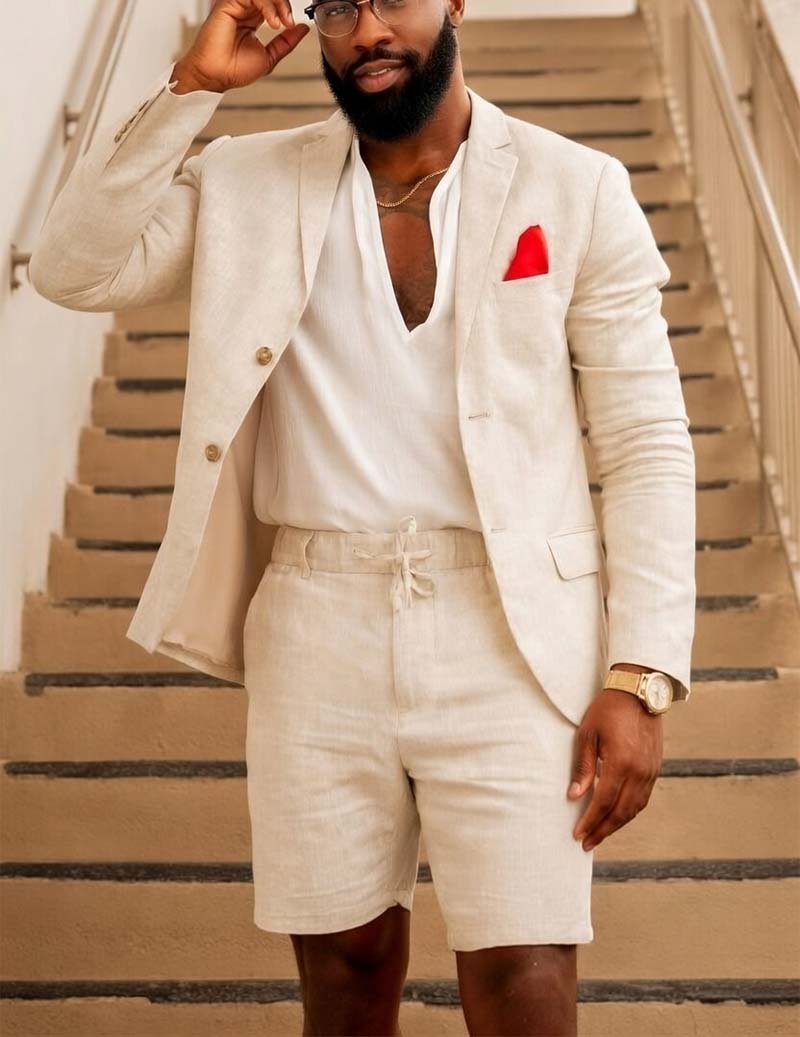 Coordinated men's two-piece set featuring a tailored blazer and matching drawstring shorts, ideal for resort.