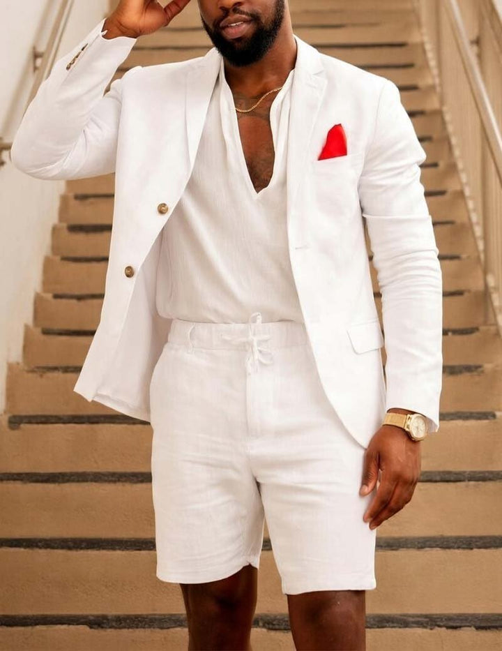 Men's summer fashion: a stylish tailored blazer and comfortable drawstring shorts, perfect for versatile wear.