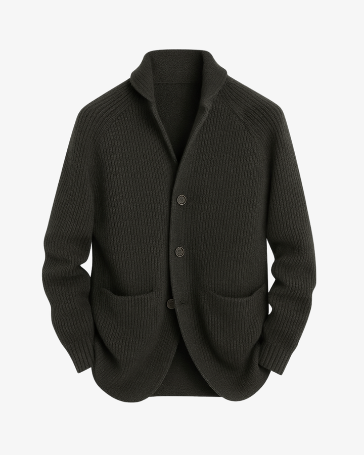 Men's tailored button-front knit cardigan, perfect for polished & sophisticated smart casual outfits.