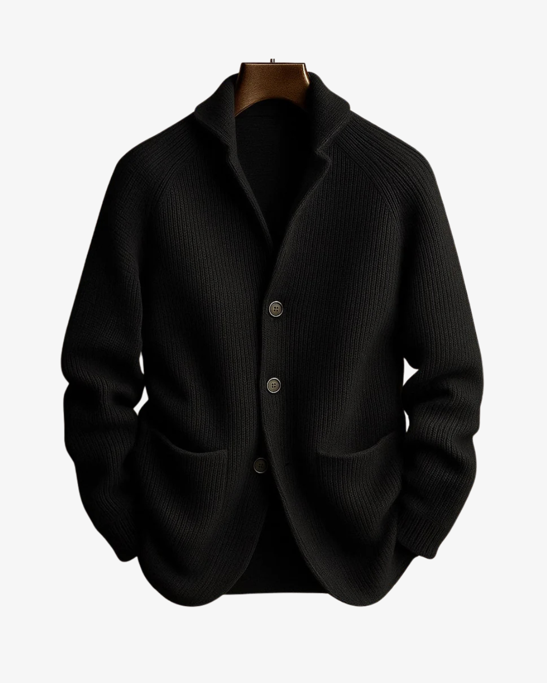 Soft tailored knit men's cardigan. Button-front design for versatile, comfortable, and classic men's fashion.