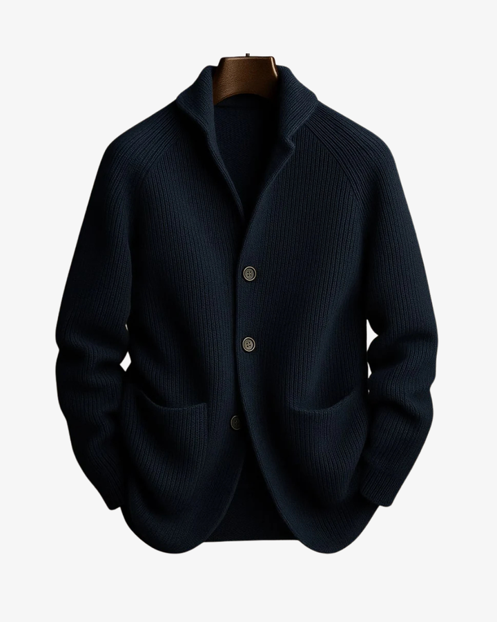 Modern classic men's tailored button-front knit cardigan. A sophisticated men's top for smart casual layering.