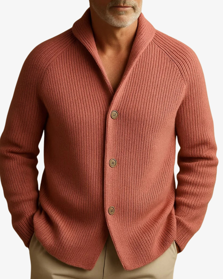 Versatile men's button-front tailored knit cardigan. Great for professional business casual or elegant layering.
