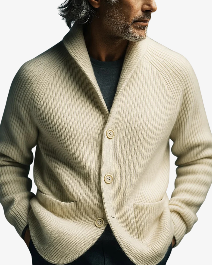 Polished men's tailored knit cardigan. Button-front design elevates any men's fashion ensemble with classic style.