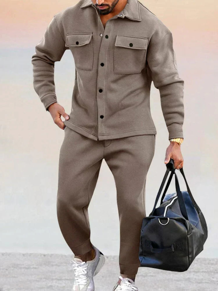 Modern men's tailored overshirt, part of a two-piece co-ord set, perfect for smart casual styling.