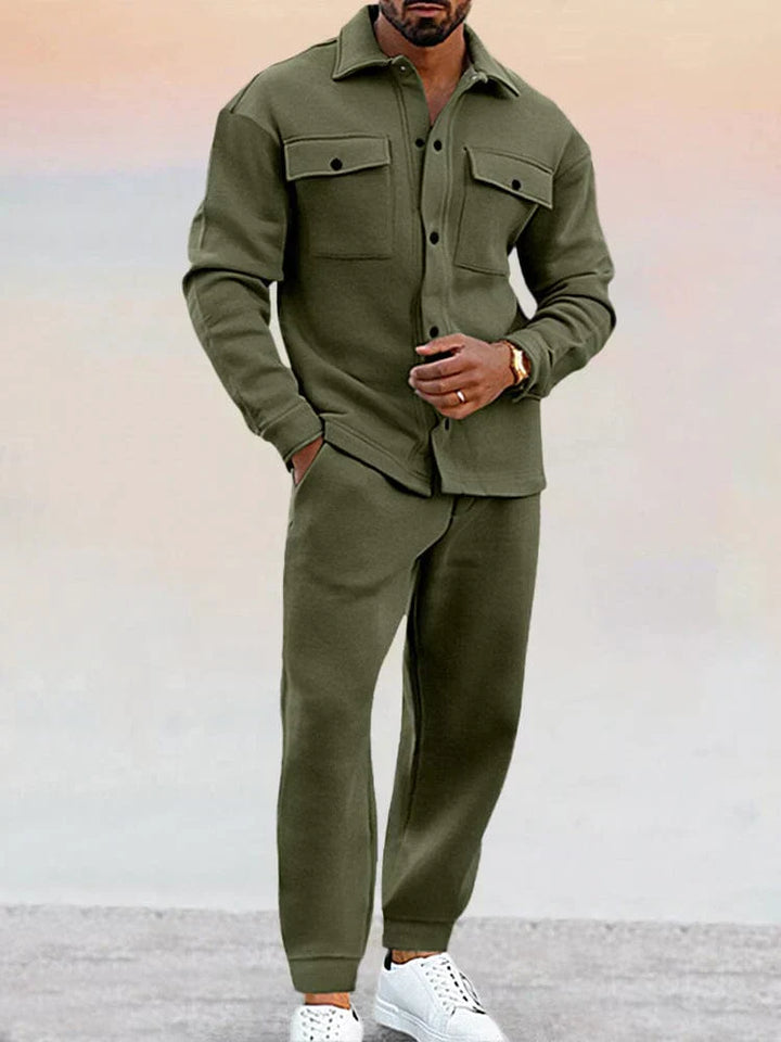 Smart casual men's tailored trousers, part of a co-ord set with a matching overshirt. Modern fit.