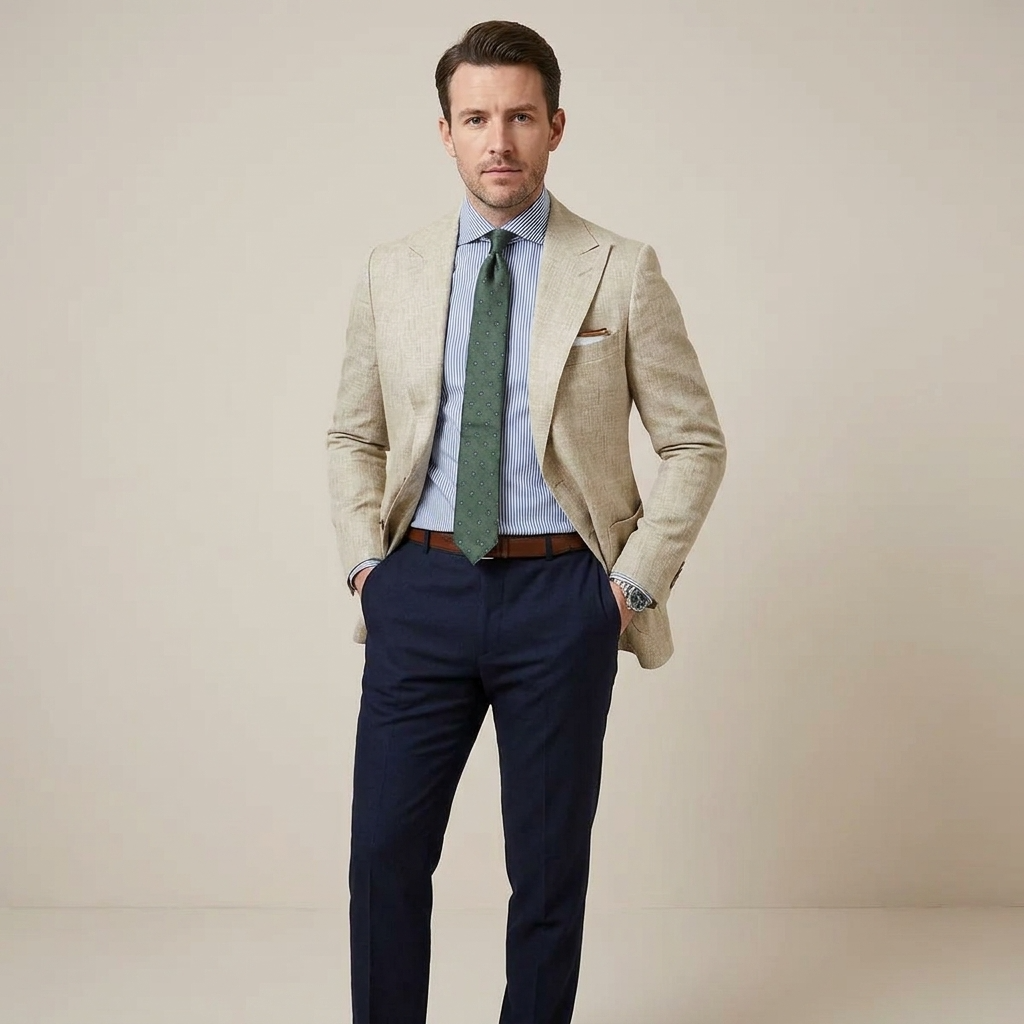 Modern men's tailored blazer. Versatile lightweight jacket suitable for office attire or a stylish dinner look.