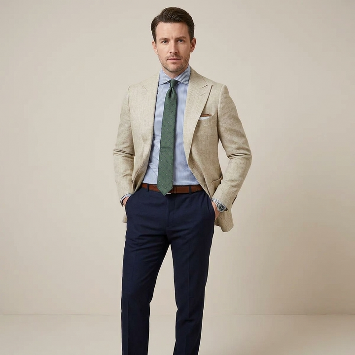Modern men's tailored blazer. Versatile lightweight jacket suitable for office attire or a stylish dinner look.