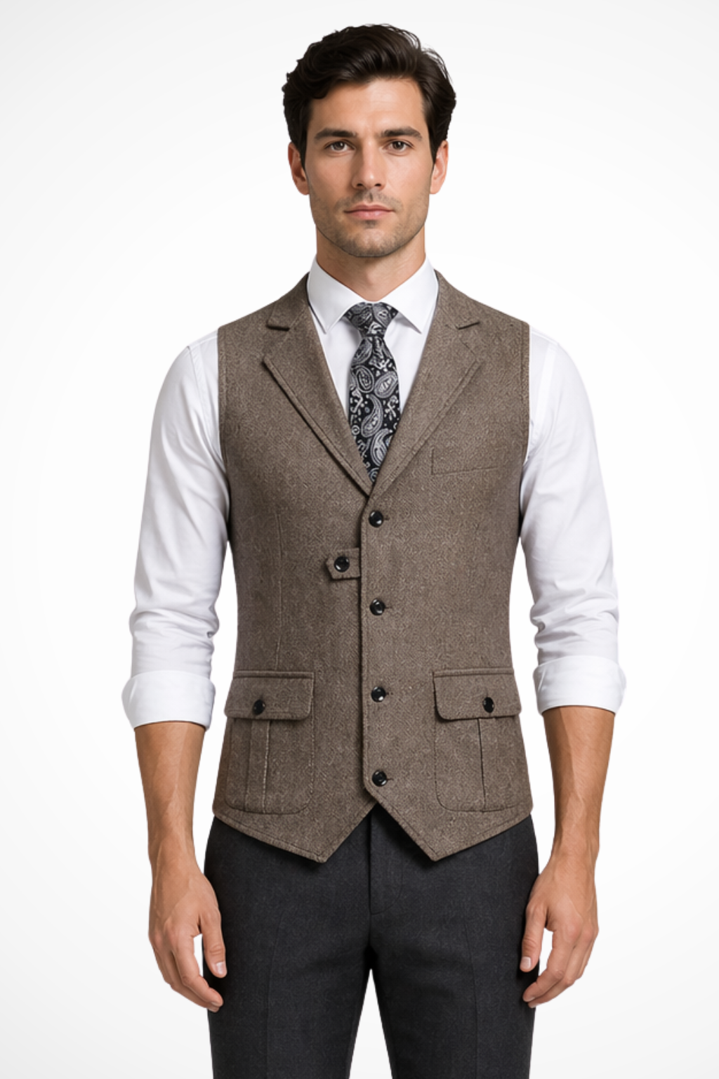 Men's tailored fit herringbone wedding waistcoat, elegant formalwear.